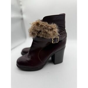 Burgundy Ankle Boots Faux Fur Trim Block Heel Winter Fashion Size 9